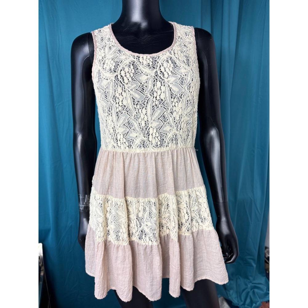 A'reve Women Mauve Pink Lace Tiered Boho Cottagecore Mini Dress Medium